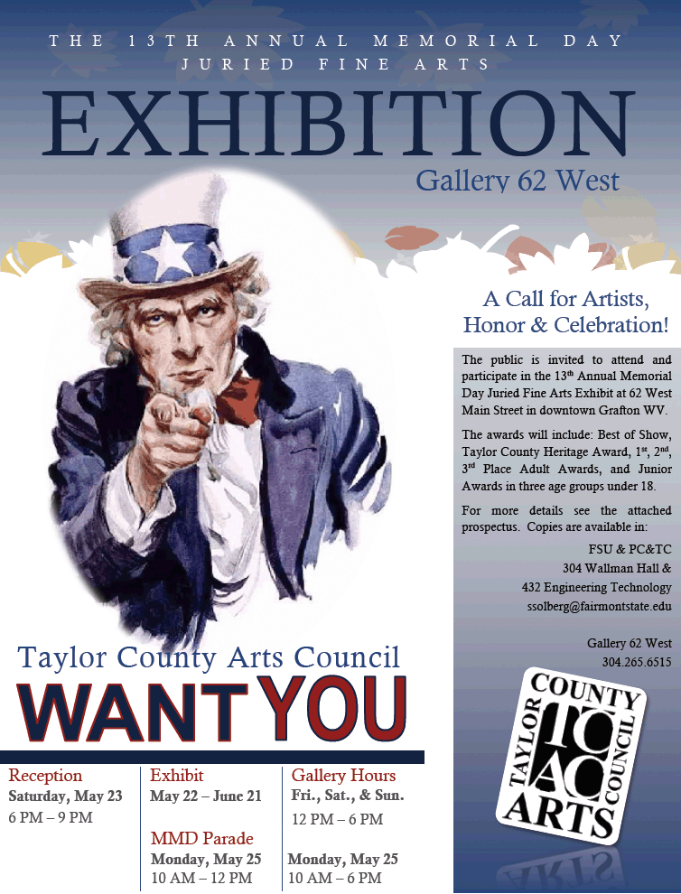 Gallery 62 West 2009 Annual Memorial Day Exhibit Call for Artists & Public Invitation from Shelly L. Solberg & TCAC the Taylor County Arts Council