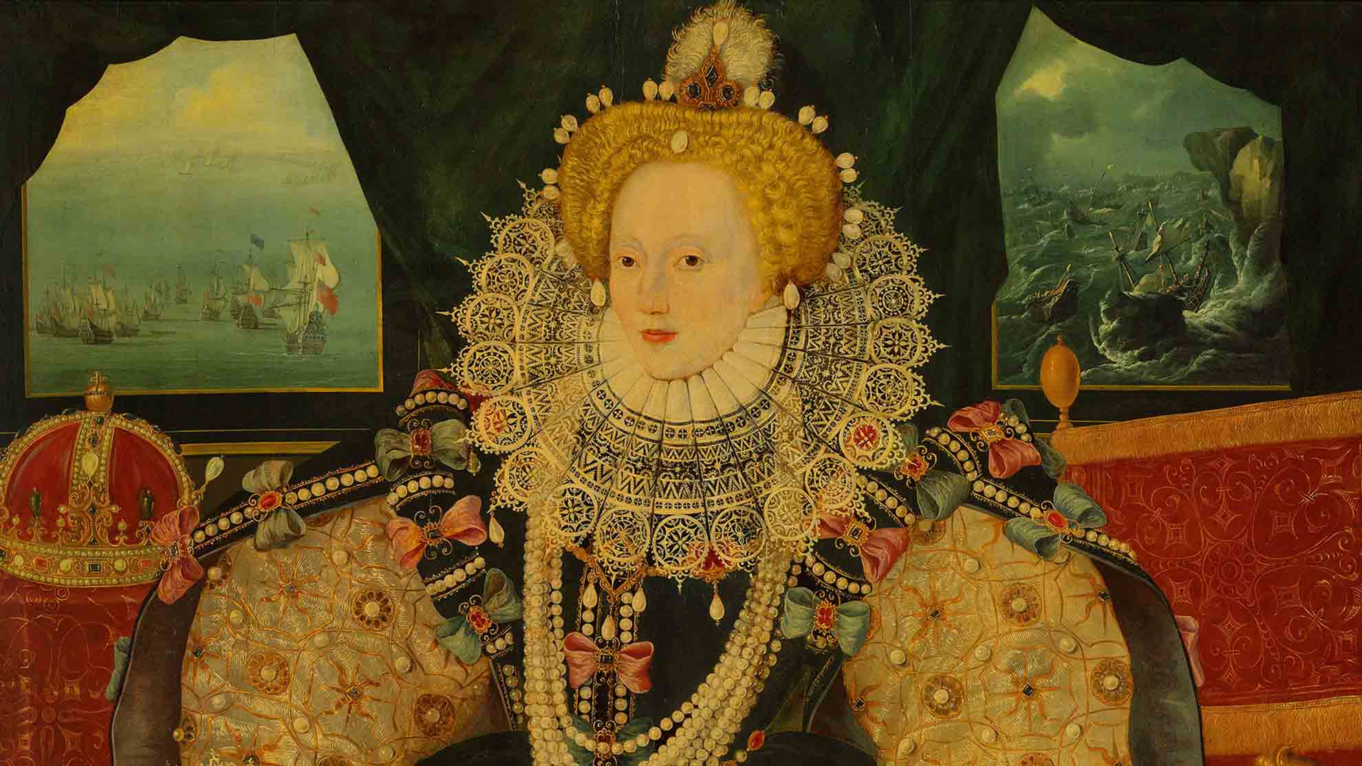 Queen Elizabeth I, The Armada Portrait, painting detail, c.1588, by George Gower at the Woburn Abbey (CC0 1.0)
